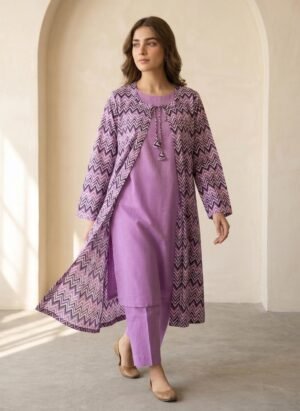 Elegant 3-Piece Printed Long Jacket Set - Delicate fabric tie-up at the front neckline that adds a feminine touch.