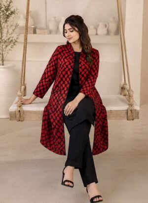 Longline Coat with Side Pockets, Bold red and black colored combination