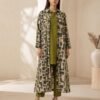Elegant 3-Piece Geometric Printed Set - Olive Long Coat with Inner & Trouser