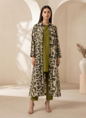 Elegant 3-Piece Geometric Printed Set - Olive Long Coat with Inner & Trouser