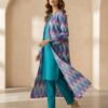 Elegant 3-Piece Printed Long Jacket Set - Delicate fabric tie-up at the front neckline that adds a feminine touch.