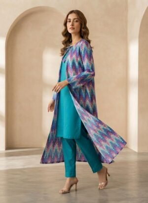 Elegant 3-Piece Printed Long Jacket Set - Delicate fabric tie-up at the front neckline that adds a feminine touch.