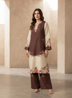 Coordinated 2-Piece Set - Comes with printed shirt and matching wide-leg straight trouser in solid brown & beige color